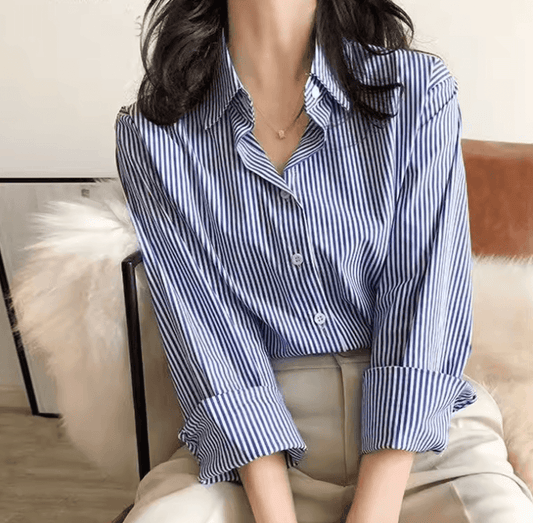 Women’s Classic Striped Blouse – Long Lantern Sleeves & Stand Collar for Spring & Autumn