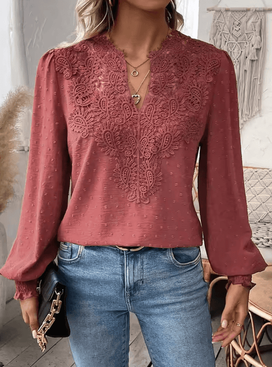 Luxury Lace Hollowed V-Neck Shirt – Elegant Solid Color Long Sleeve Blouse for Women