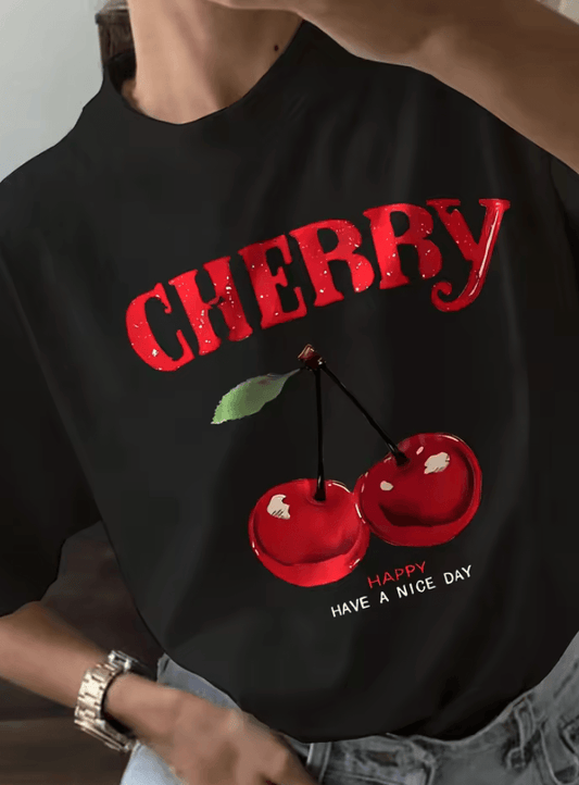 Cherry Blossom Graphic Print Crew Neck T-Shirt – Women’s Casual Short Sleeve Top for Spring & Summer – Relaxed Fit, Breathable
