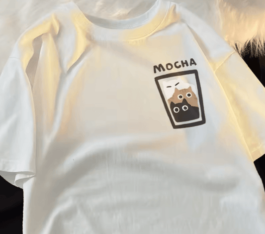 Mocha Latte Couple T-Shirts – Cat & Coffee Graphic Tee for Men & Women | Oversized, Soft & Comfortable