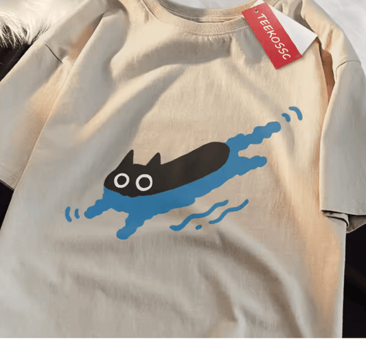 Couple Swimming Black Cat T-Shirt – Casual Cotton Diving Tee for Men & Women