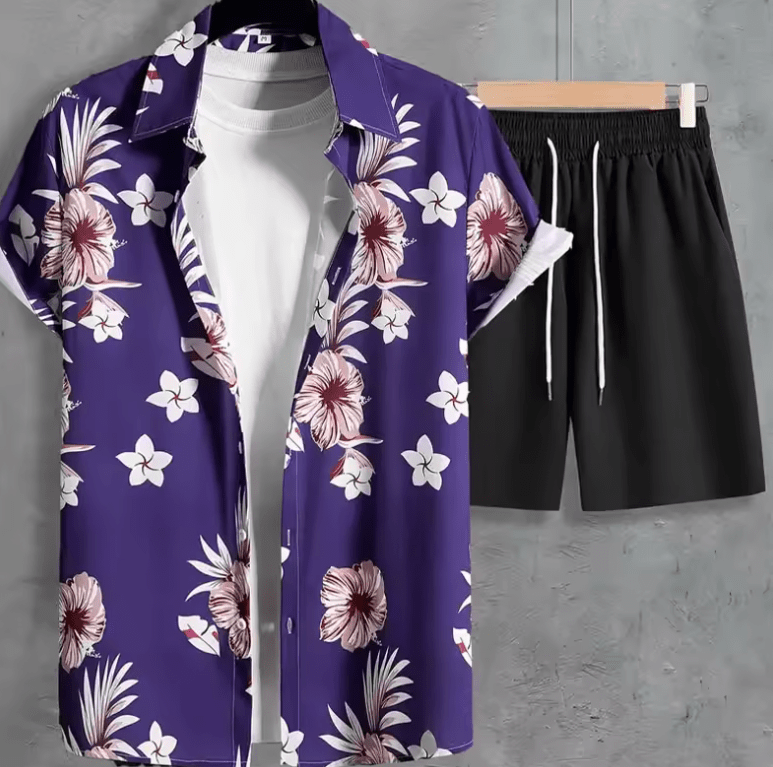 2025 2-delige bloemenpak set voor heren-Casual shirt en shorts met korte mouwen-Summer Beach Outfit voor buitenreizen en Hawaiiaanse stijl 2025 2-delige bloemenpak set voor heren-Casual shirt en shorts met korte mouwen-Summer Beach Outfit voor buitenreizen en Hawaiiaanse stijl