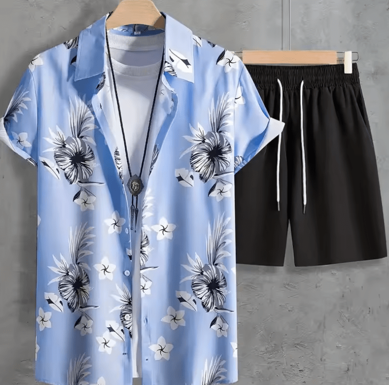 2025 2-delige bloemenpak set voor heren-Casual shirt en shorts met korte mouwen-Summer Beach Outfit voor buitenreizen en Hawaiiaanse stijl 2025 2-delige bloemenpak set voor heren-Casual shirt en shorts met korte mouwen-Summer Beach Outfit voor buitenreizen en Hawaiiaanse stijl