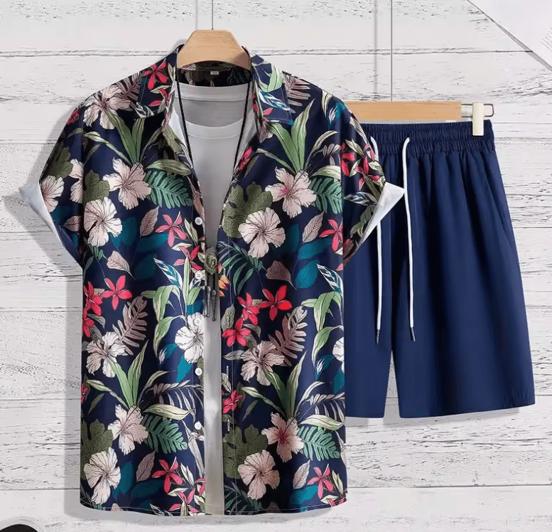 2025 2-delige bloemenpak set voor heren-Casual shirt en shorts met korte mouwen-Summer Beach Outfit voor buitenreizen en Hawaiiaanse stijl 2025 2-delige bloemenpak set voor heren-Casual shirt en shorts met korte mouwen-Summer Beach Outfit voor buitenreizen en Hawaiiaanse stijl