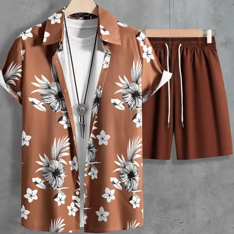 2025 2-delige bloemenpak set voor heren-Casual shirt en shorts met korte mouwen-Summer Beach Outfit voor buitenreizen en Hawaiiaanse stijl 2025 2-delige bloemenpak set voor heren-Casual shirt en shorts met korte mouwen-Summer Beach Outfit voor buitenreizen en Hawaiiaanse stijl