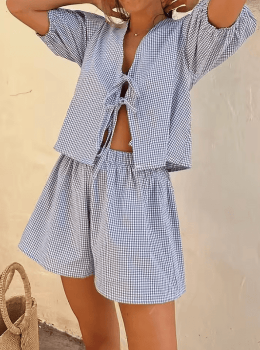 2025 Plaid 2-delige zomeroutfit voor dames-V-hals perdy mouw tie-front top & elastische taille shorts-losse fit casual set