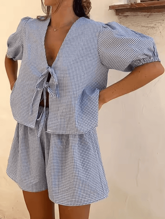 2025 Plaid 2-delige zomeroutfit voor dames-V-hals perdy mouw tie-front top & elastische taille shorts-losse fit casual set
