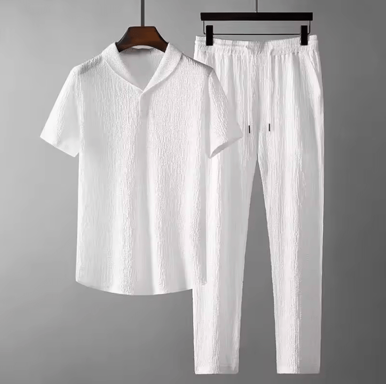 Men’s Ice Silk Sportswear Set – Crinkled Short Sleeve T-Shirt & Lightweight Pants – One-Piece Summer Outfit for Casual & Active Wear Men’s Ice Silk Sportswear Set – Crinkled Short Sleeve T-Shirt & Lightweight Pants – One-Piece Summer Outfit for Casual & Active Wear