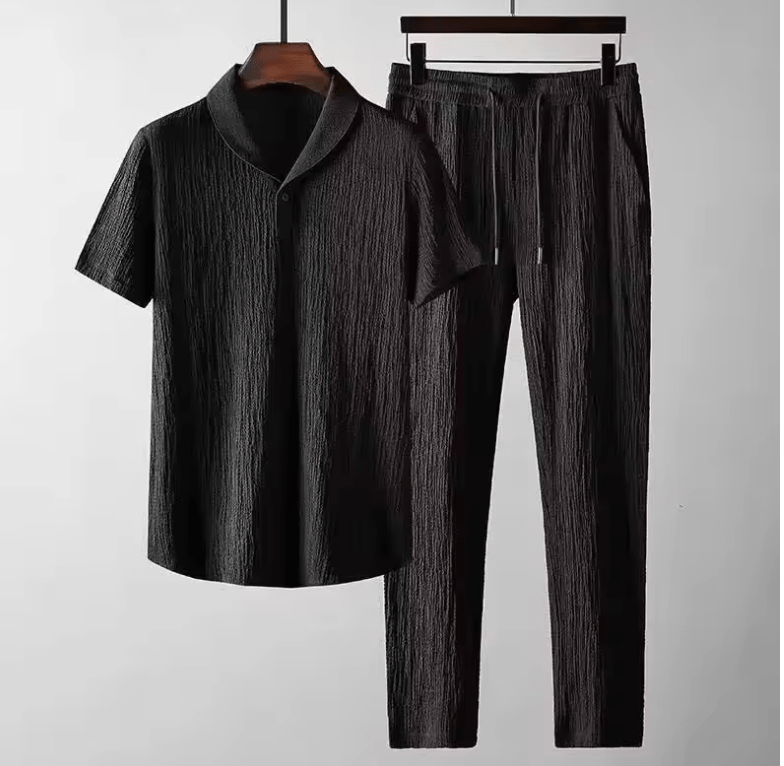 Men’s Ice Silk Sportswear Set – Crinkled Short Sleeve T-Shirt & Lightweight Pants – One-Piece Summer Outfit for Casual & Active Wear Men’s Ice Silk Sportswear Set – Crinkled Short Sleeve T-Shirt & Lightweight Pants – One-Piece Summer Outfit for Casual & Active Wear