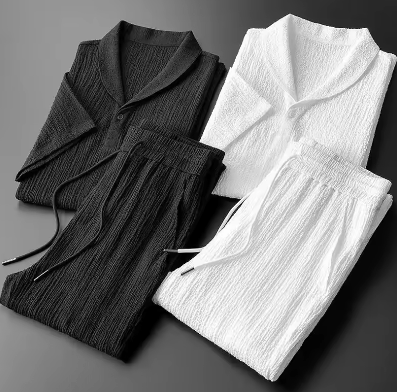 Men’s Ice Silk Sportswear Set – Crinkled Short Sleeve T-Shirt & Lightweight Pants – One-Piece Summer Outfit for Casual & Active Wear Men’s Ice Silk Sportswear Set – Crinkled Short Sleeve T-Shirt & Lightweight Pants – One-Piece Summer Outfit for Casual & Active Wear