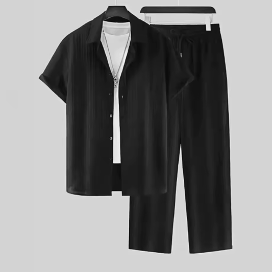 Men’s Striped Summer Suit – Fashionable Short Sleeve Collar Shirt & Stretch Pants – Casual 2-Piece Set for Stylish Everyday Wear