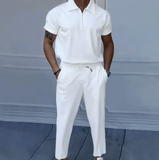 Men’s Summer Solid Color Suit – European & American Style Lapel Short Sleeve Shirt and Zipper Pants Set – Casual 2-Piece Outfit