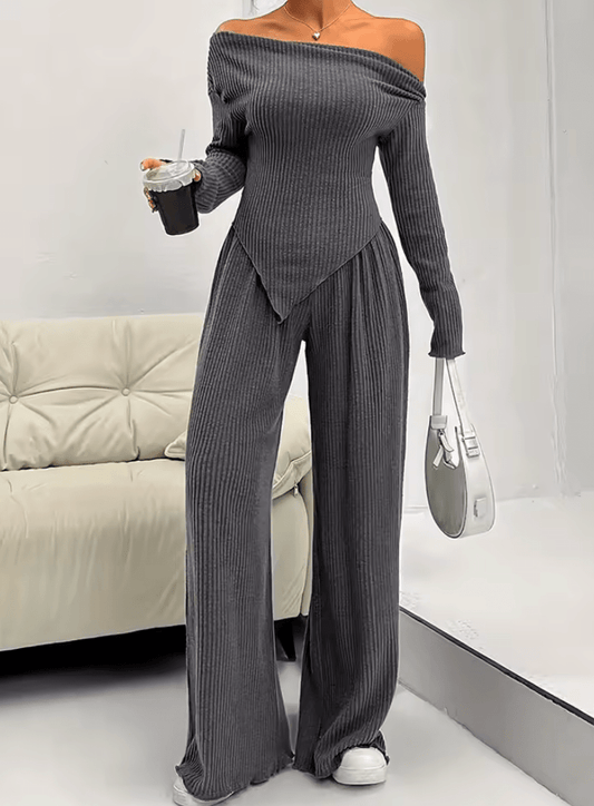 Women’s 2-Piece Fall/Winter Set – Slim Fit Long Sleeve Solid Color Tee & Matching Trousers – Casual Sexy Streetwear Outfit