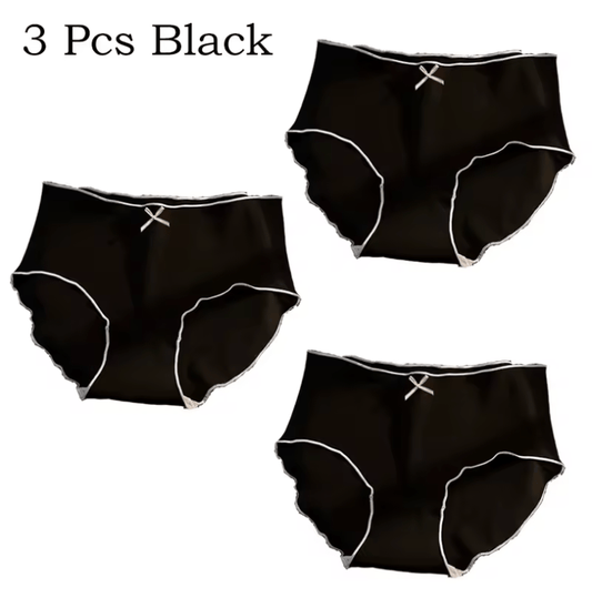 3PCS Women’s Seamless Antibacterial Panties – Ice Silk Triangle Underwear with Ruffle Trim – Low Waist Briefs in Black & White