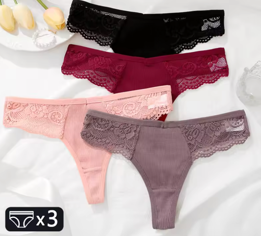 FINETOO 3PCS Women’s Cotton Lace Thongs – Low Waist Sexy G-String Panties, Solid Color Breathable Bikini Lingerie