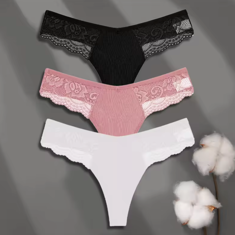 FINETOO 3PCS Women’s Cotton Lace Thongs – Low Waist Sexy G-String Panties, Solid Color Breathable Bikini Lingerie FINETOO 3PCS Women’s Cotton Lace Thongs – Low Waist Sexy G-String Panties, Solid Color Breathable Bikini Lingerie