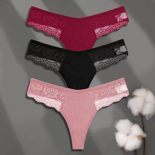 FINETOO 3PCS Women’s Cotton Lace Thongs – Low Waist Sexy G-String Panties, Solid Color Breathable Bikini Lingerie
