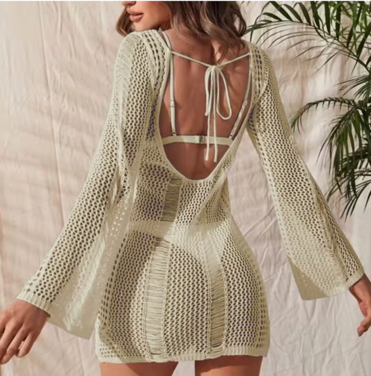 Women’s Sexy Sheer Beach Dress Cover-Up – Hollow Backless Bikini Tunic, Long Sleeve Knit Swimsuit Cover, Solid Color Vacation Swimwear