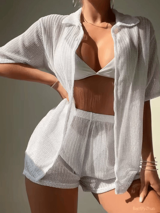 2025 Women’s White Two-Piece Set – High Waist Shorts & Long Sleeve Shirt, Loose Summer Outfit, Bikini Swimsuit Cover-Up, Casual Beachwear Vacation Look
