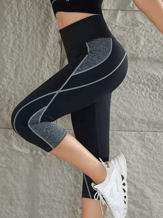 Women’s Patchwork Color Block Leggings – High-Waisted Calf-Length Belly Control Tights – Casual Fashion Running & Workout Pants