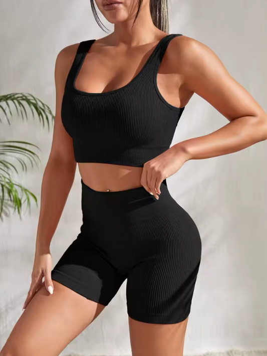 Seamless Ribbed Yoga Set for Women – 2-Piece Workout Outfit – High-Waisted Shorts & Ribbed Crop Tank – Fitness, Running & Gym Suits