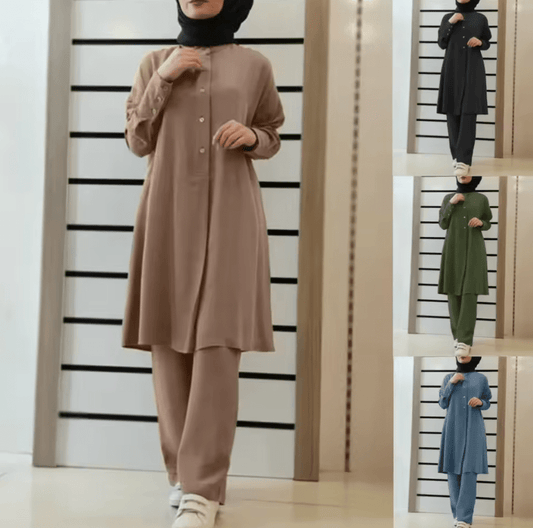 Muslim Women’s 2-Piece Sportswear Set – Modest Loose-Fit Solid Color Outfit | Casual Tracksuit Lounge Set | Islamic Modest Fashion Clothing