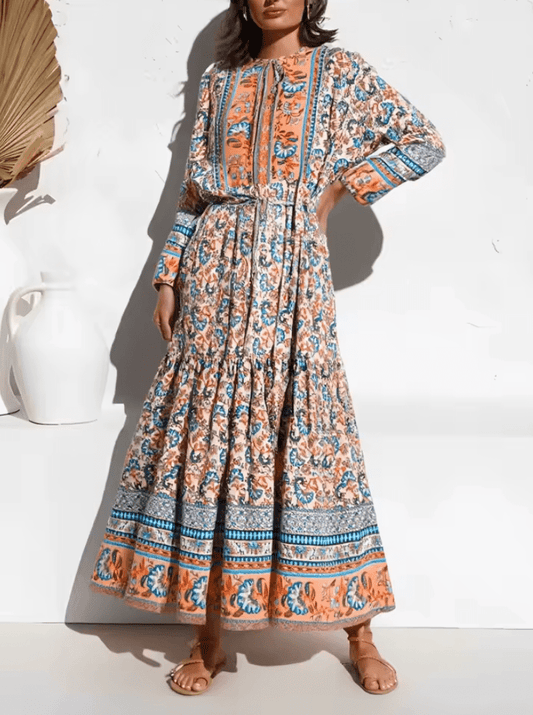 Women’s Bohemian Floral Maxi Dress – Vintage Lace-Up Tassel Beach Dress | Elegant Rayon Boho Robe for Summer & Vacations