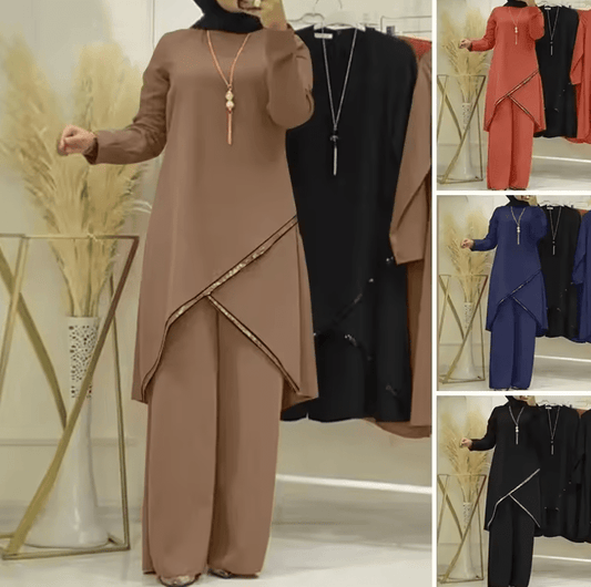 Muslim Women’s 2-Piece Modest Outfit – Long Sleeve O-Neck Shirt & Wide Leg Pants Set | Breathable Casual Clothing for Spring & Autumn