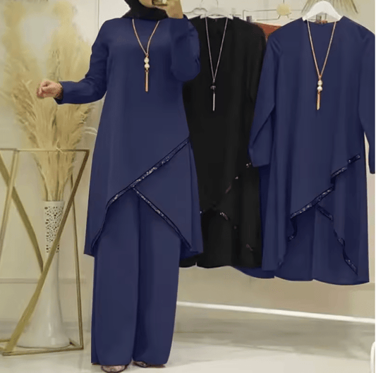 Muslim Women’s 2-Piece Modest Outfit – Long Sleeve O-Neck Shirt & Wide Leg Pants Set | Breathable Casual Clothing for Spring & Autumn
