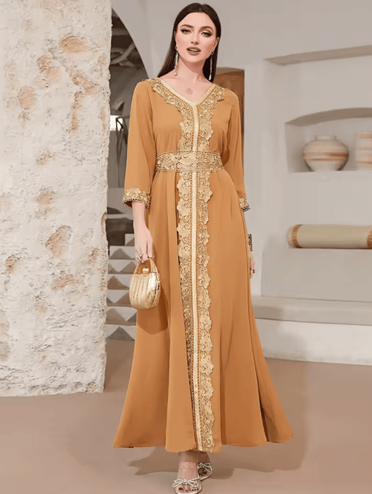 Elegant Muslim Women’s Eid Dress – Embroidered Lace Abaya Kaftan | Ramadan Long Party Dress Morocco Dubai Turkey Robe Vestidos