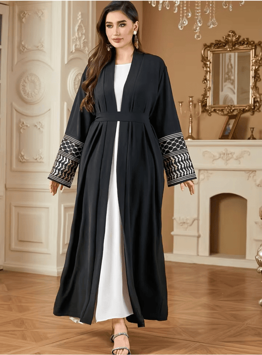 Universal Size Black Embroidered Abaya for Women – Geometric Cuff Detail, Belted Loose-Fit Islamic Outerwear | Saudi Middle East Style