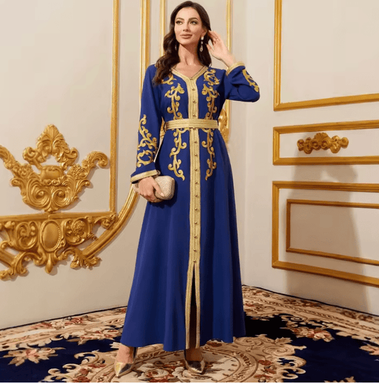 Muslim Women’s Embroidered Maxi Dress – Moroccan Kaftan with Sash | Long Dubai Abaya Robe for Eid, Ramadan, Party & Islamic Occasions