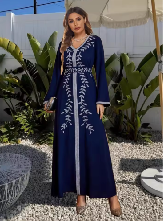 Eid Muslim Party Dress for Women – Embroidered Arab Abaya Kaftan Jalabiya | Long Dubai Morocco Robe with Sash for Ramadan & Special Occasions