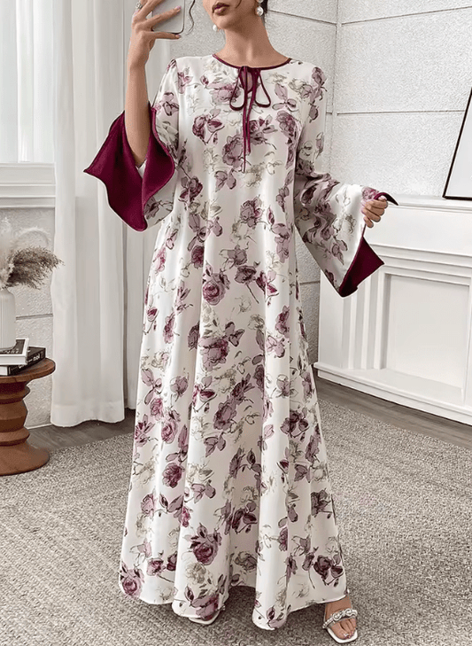 Mia Muse Ramadan Essentials – Women’s Modest Floral Patchwork Midi Dress | Flare Sleeve Crew Neck A-Line Arabian Style Outfit