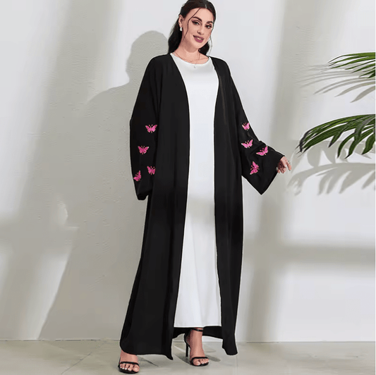 Chic Butterfly Embroidered Abaya for Muslim Women – Elegant Kaftan Cardigan Dress | Dubai Türkiye Islamic Party Wear & Middle Eastern Fashion