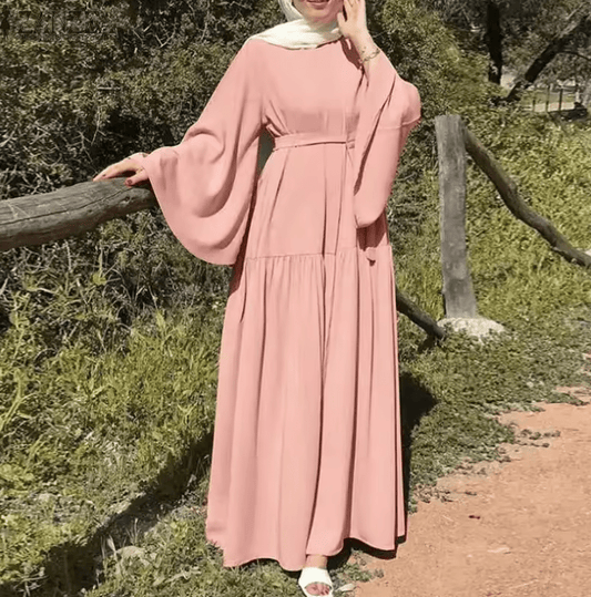 Muslim Women’s Long-Sleeved Abaya Dress with Belt – Solid Color O-Neck Modest Robe | Dubai Islamic Fashion for Spring & Casual Wear