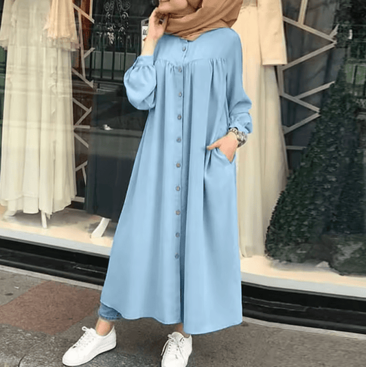 Retro Button Long Sleeve Cotton Maxi Dress for Women – Solid Color Loose Fit Elegant Casual O-Neck Dress | Modest & Comfortable Fashion