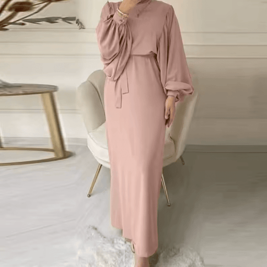 Boho Women’s Maxi Dress with Lantern Sleeves & Belt – O-Neck Casual Long Sleeve Dress for Spring & Fall | Elegant Bag Hip Robe Vestido Style