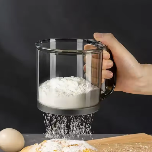 Semi-Automatic Mesh Flour Sifter with Measuring Scale – Handheld Icing Sugar Sieve Cup for Pastry, Baking & Cake Making Tools