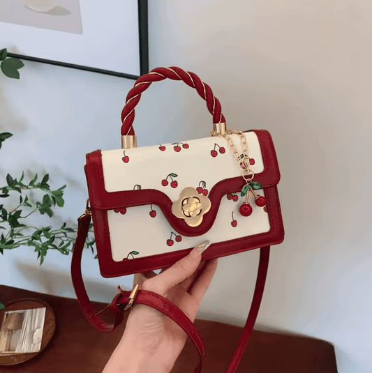 Cute Cherry Print Handbag for Women – Woven Handle Square Tote & Crossbody Bag | Fresh & Stylish Shoulder Purse for Summer Outfits & Daily Use
