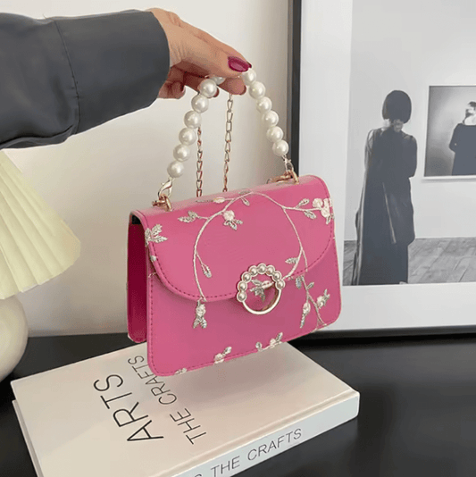 Women’s PU Leather Embroidered Shoulder Bag – Vintage Flower Crossbody Purse with Pearl Chain | Fashion Flap Messenger Handbag for Elegant Daily & Party Wear