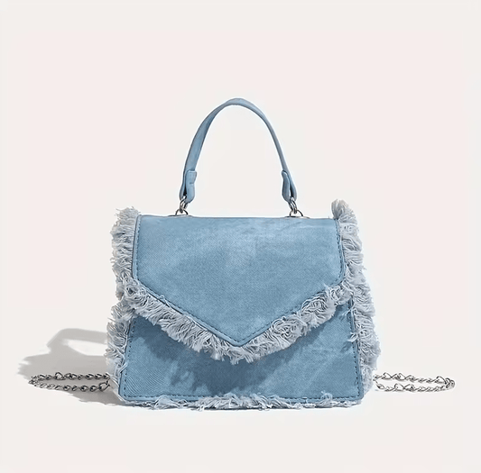 Women’s Fashion Blue Tassel Crossbody Bag – Faux Leather Shoulder Purse with Magnetic Closure & Polyester Lining | Stylish Small Handbag with Tassel Detail