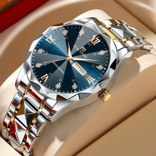 Men’s Luxury Stainless Steel Watch – 41mm Blue Gold Quartz Timepiece with Water Diamond Accents, Luminous Dial & Double Calendar Display