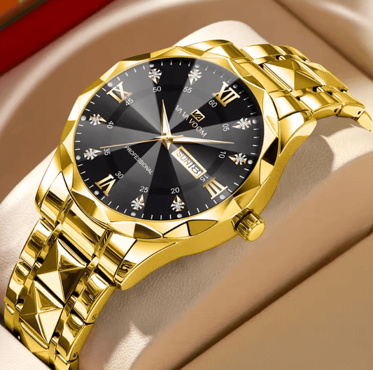 Men’s Luxury Stainless Steel Watch – 41mm Blue Gold Quartz Timepiece with Water Diamond Accents, Luminous Dial & Double Calendar Display