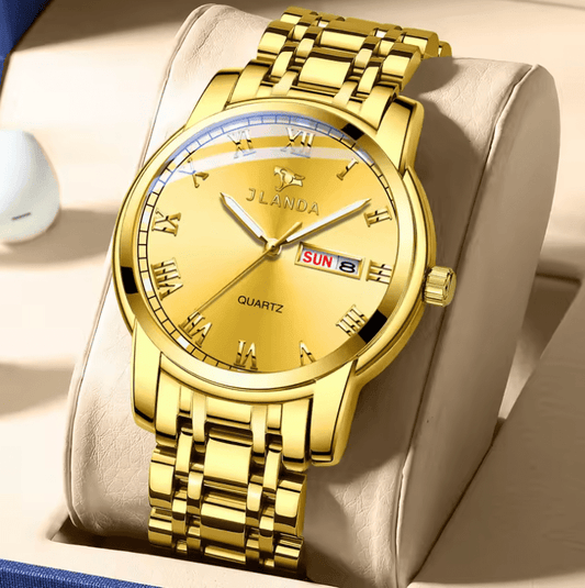 Top Brand Men’s Luxury Watch 2025 – Gold Stainless Steel Quartz Business Sport Wristwatch, Waterproof Design with Date Display