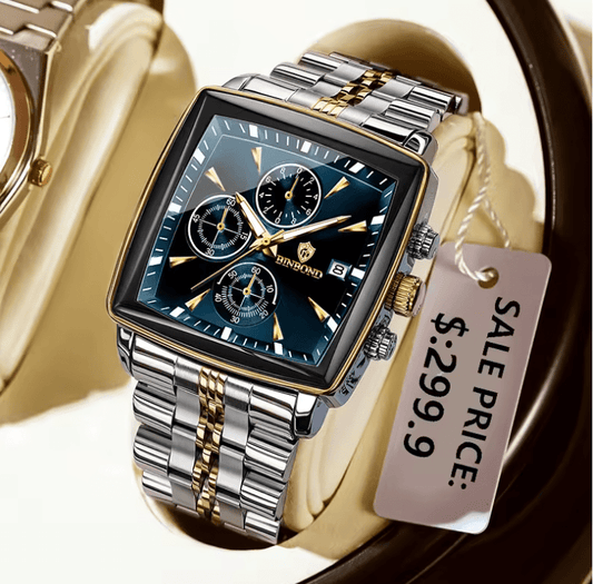 Luxury Square Men’s Chronograph Watch – Waterproof Sport Quartz Wristwatch with Luminous Dial, Stainless Steel Case, Reloj Hombre