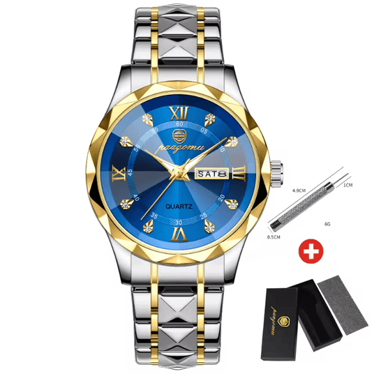 Luxury Men’s Quartz Watch – Stainless Steel Wristwatch with Date & Week Display, Waterproof & Luminous Dial – Elegant Business Reloj Hombre