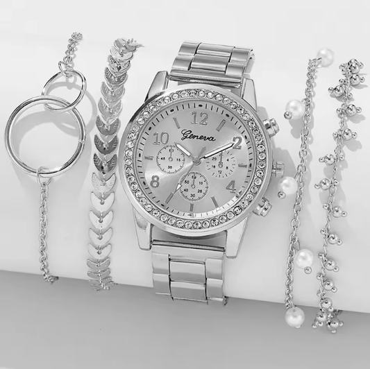 5PCS Women’s Quartz Watch & Jewelry Set – Fashion Silver Wristwatch with Rhinestone Accents, Alloy Strap, 3-Eye Dial – Elegant Gift Set for Women with Matching Bracelets