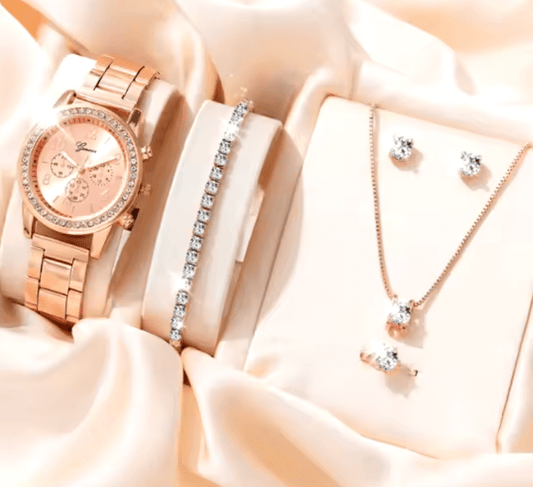5PCS Women’s Quartz Watch & Jewelry Set – Fashion Silver Wristwatch with Rhinestone Accents, Alloy Strap, 3-Eye Dial – Elegant Gift Set for Women with Matching Bracelets