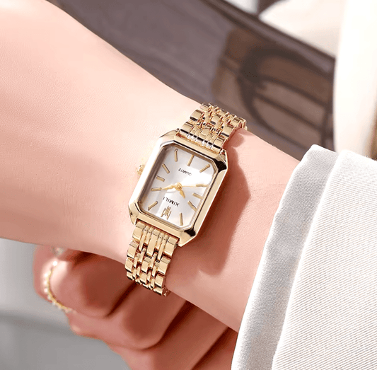 Luxury Women’s Quartz Watch – Gold-Plated Stainless Steel Square Dial, Elegant Business Fashion Watch for Ladies, Simple Scale Design, Folding Clasp Timepiece
